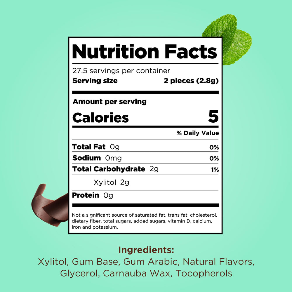 PUR Gum Chocolate Mint pieces close-up emphasizes natural xylitol sweetness