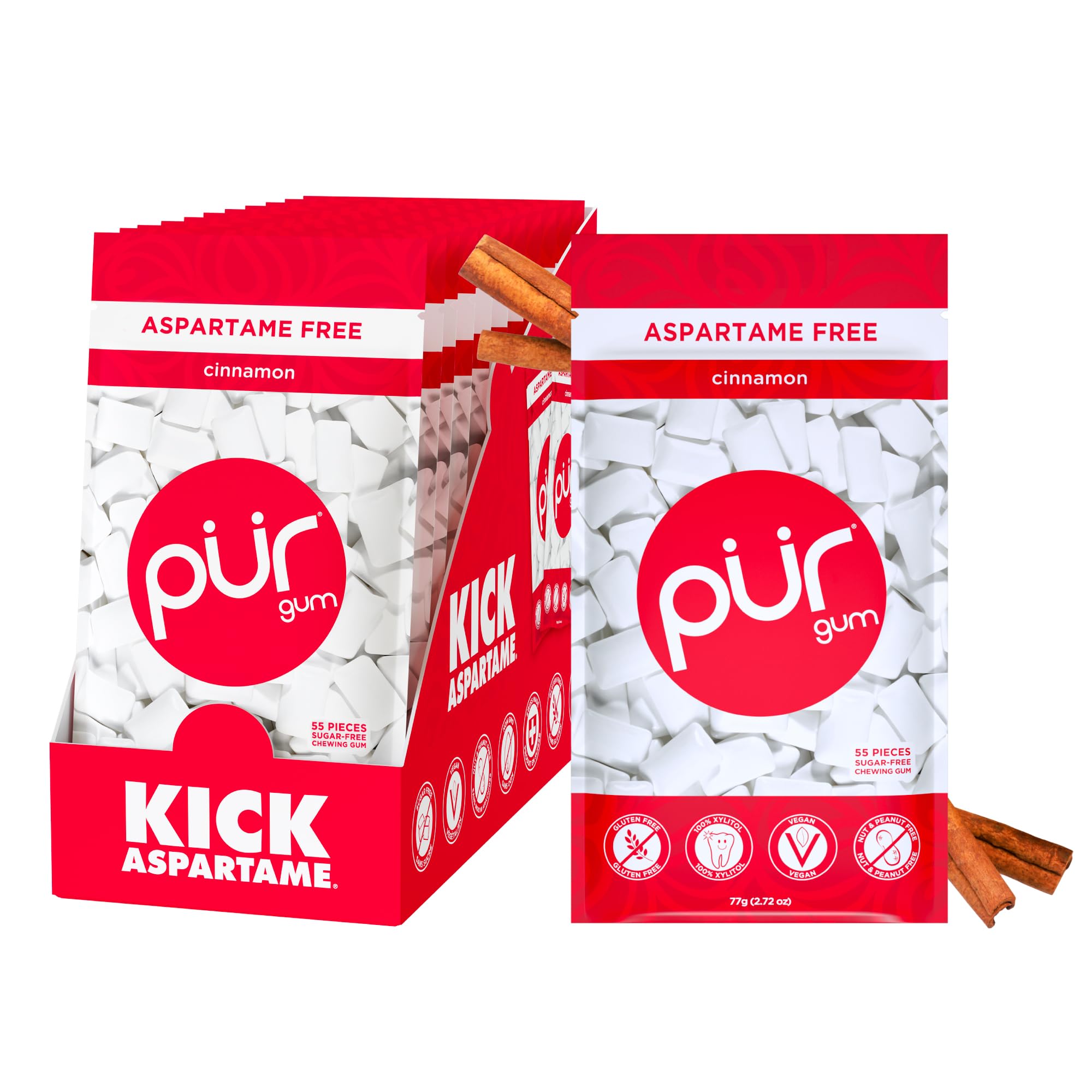 PUR Gum Cinnamon front pack showing a sugar-free, xylitol-sweetened bite