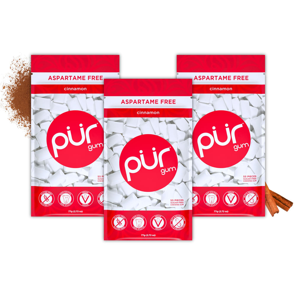 PUR Gum Cinnamon pack front highlights bold flavor and resealability for freshness.
