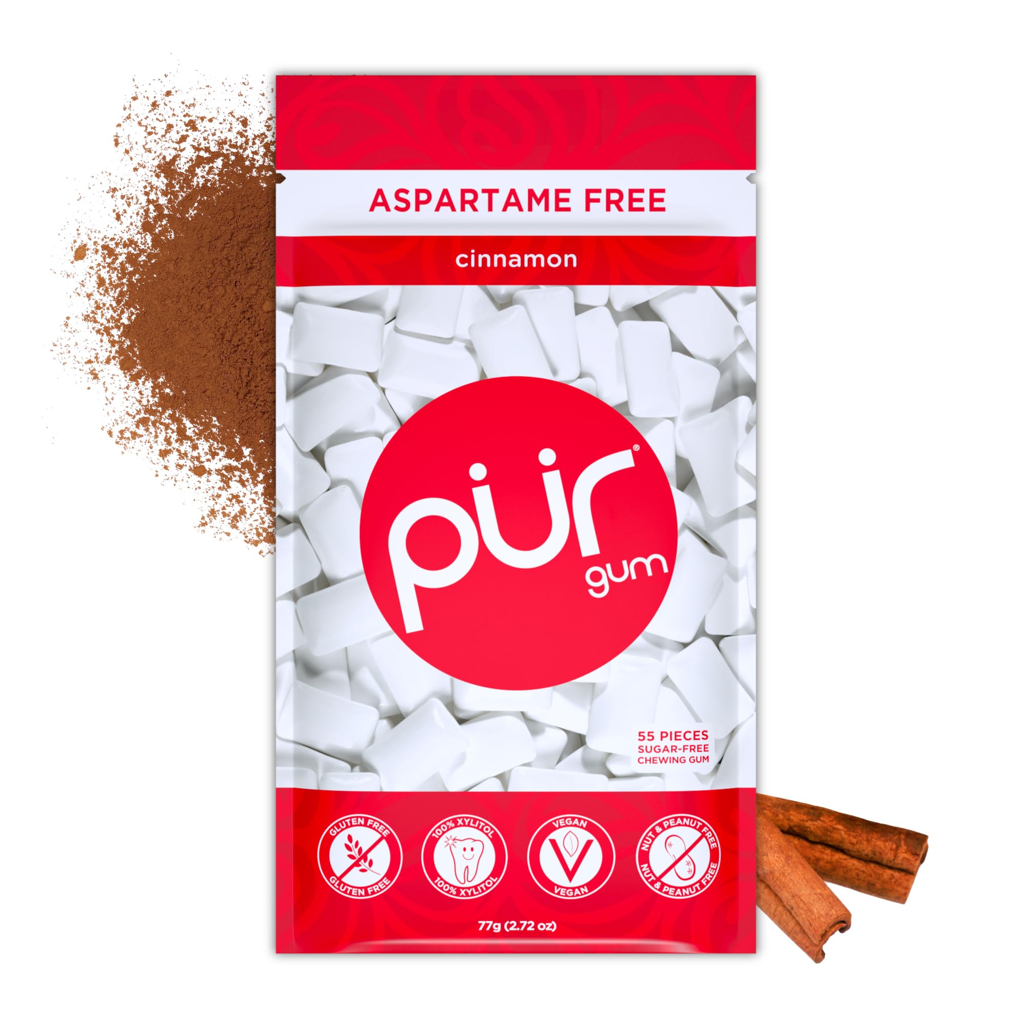 Pur Gum Cinnamon pack shot highlighting fiery cinnamon flavor for on-the-go snacking
