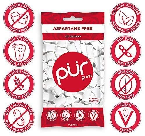 PUR Gum Cinnamon pack tray display showing multi-pack convenience
