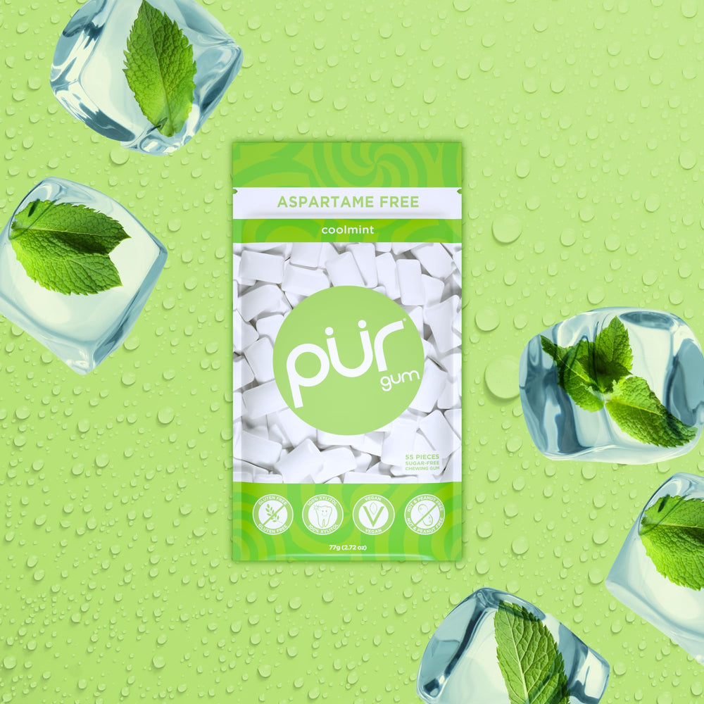 PUR Gum Coolmint label indicating aspartame-free formula and xylitol sweetness.