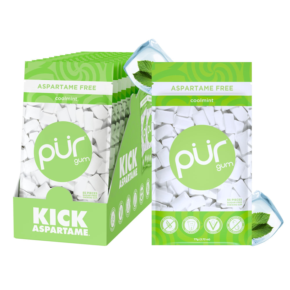 PUR Gum Coolmint bag front with resealable packaging for on-the-go freshness.