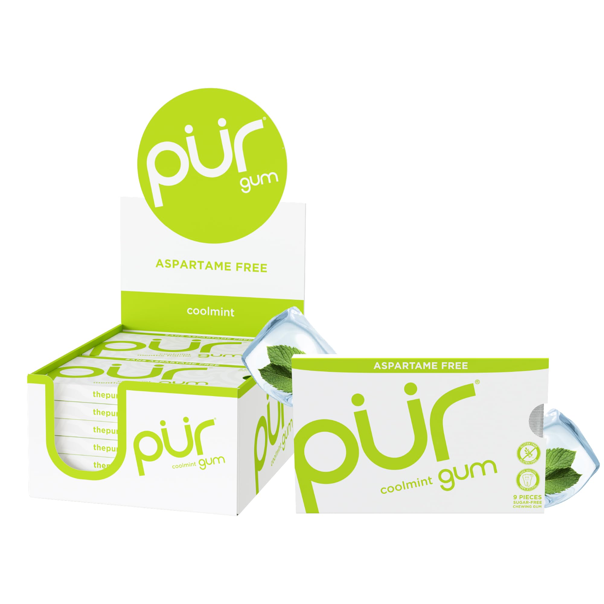 Pur Gum CoolMint blister pack highlighting xylitol for breath-freshening, sugar-free flavor.