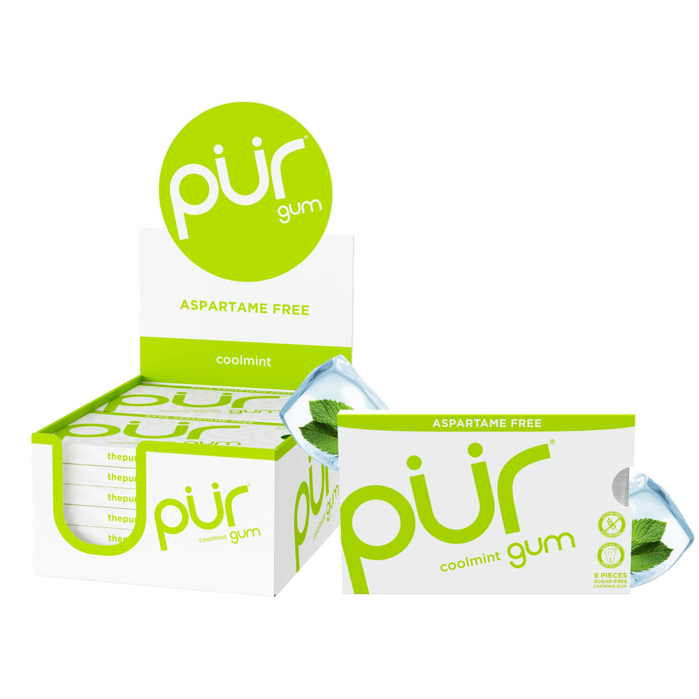 Pur Gum CoolMint blister pack highlighting xylitol for breath-freshening, sugar-free flavor.