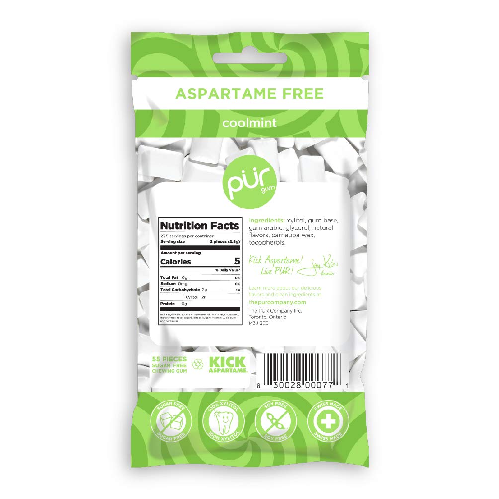 Pur Gum Coolmint gum pieces show 60 pieces with sugar-free freshness for daily breath.