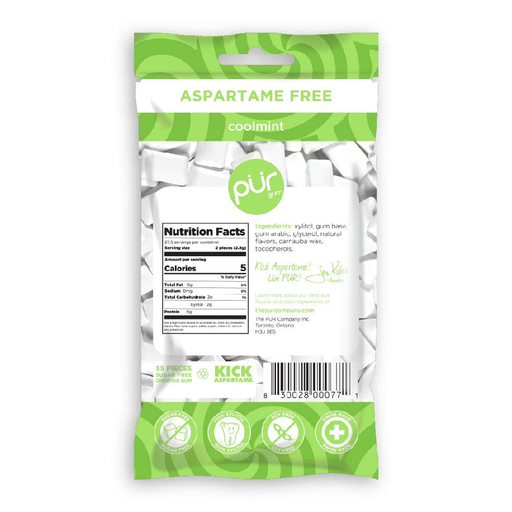 Pur Gum Coolmint gum pieces show 60 pieces with sugar-free freshness for daily breath.