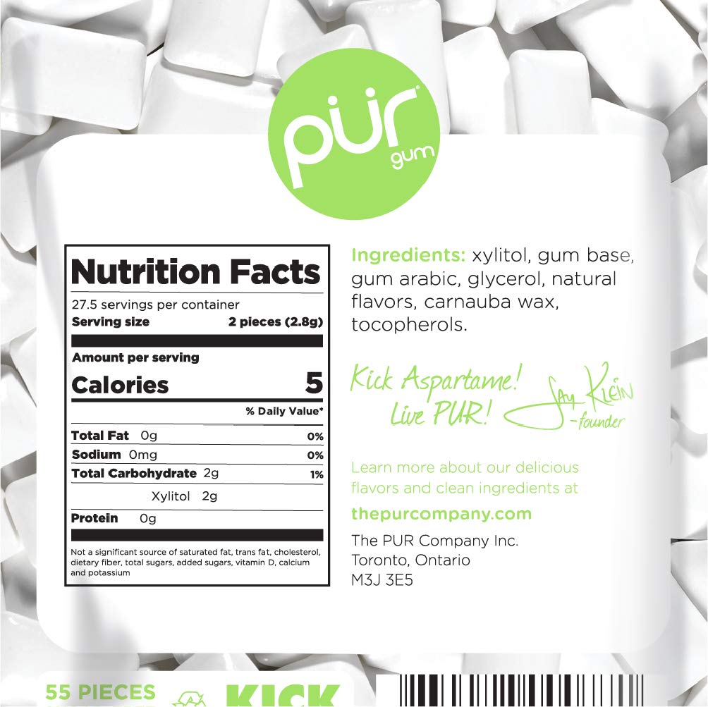 Pur Gum Coolmint ingredients label highlights natural flavors and xylitol.