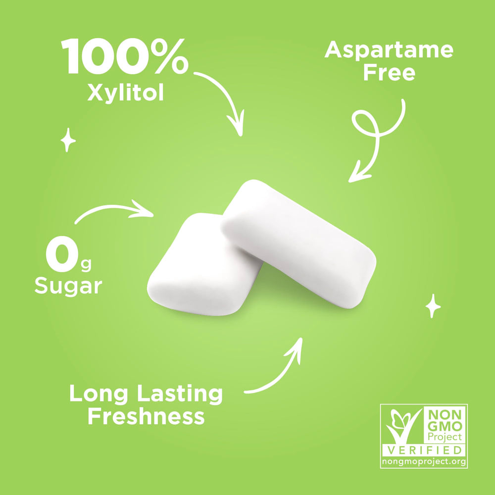 The ingredients panel shows xylitol sweetness and allergen-free formulation.