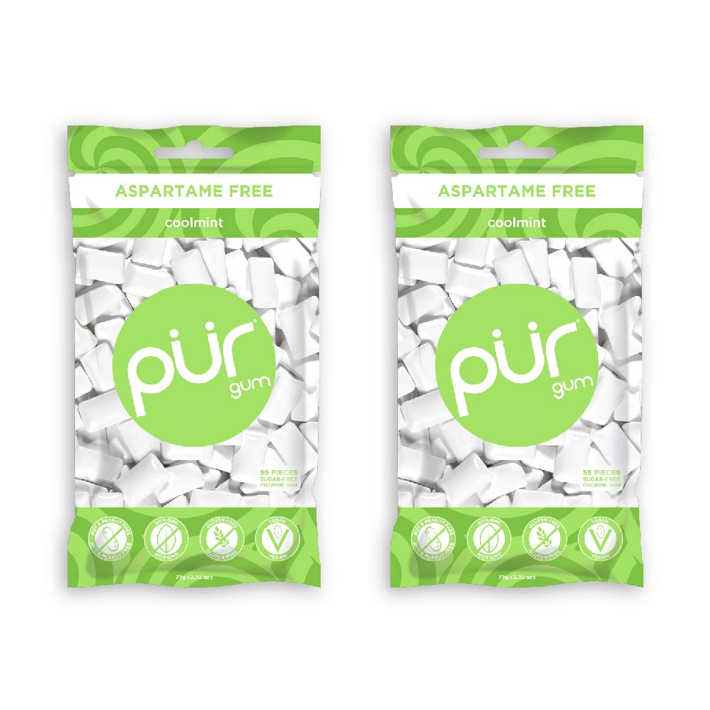 Pur Gum Coolmint pack shot with two 2.8 oz packs for sugar-free freshness.