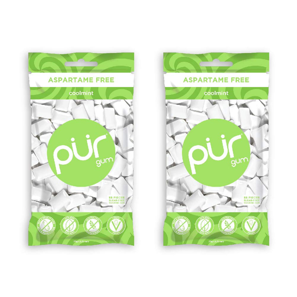 Pur Gum Coolmint pack shot with two 2.8 oz packs for sugar-free freshness.