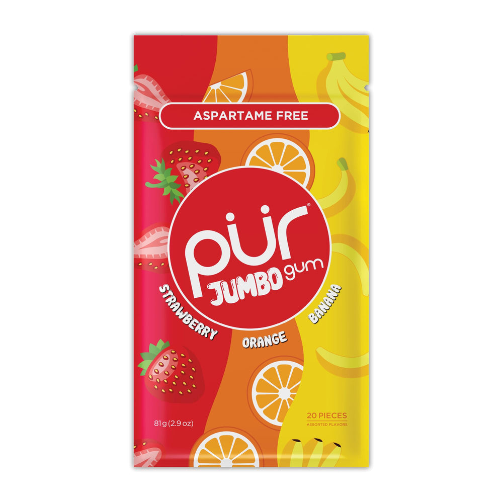 PUR Jumbo Gum pack front with natural strawberry, banana, and orange flavors.