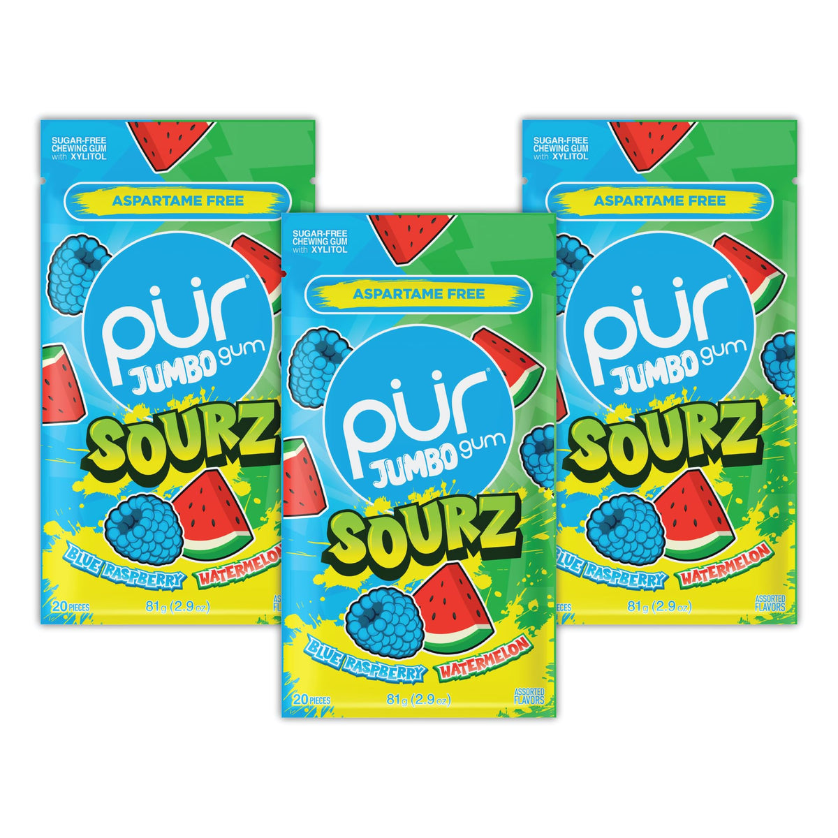 PUR Gum Jumbo SOURZ blue raspberry piece highlighting bold sour flavor for on-the-go snacking