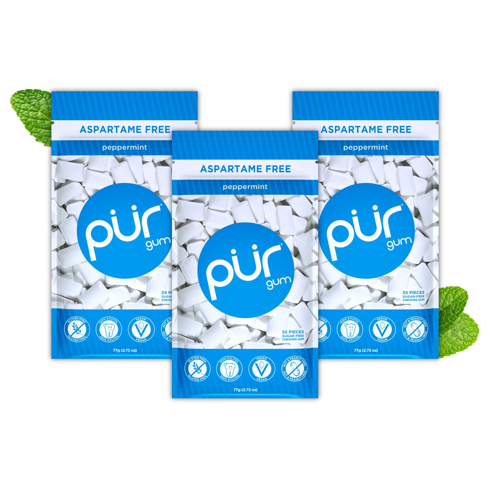 PUR Gum Peppermint in a resealable bag for on-the-go freshness.