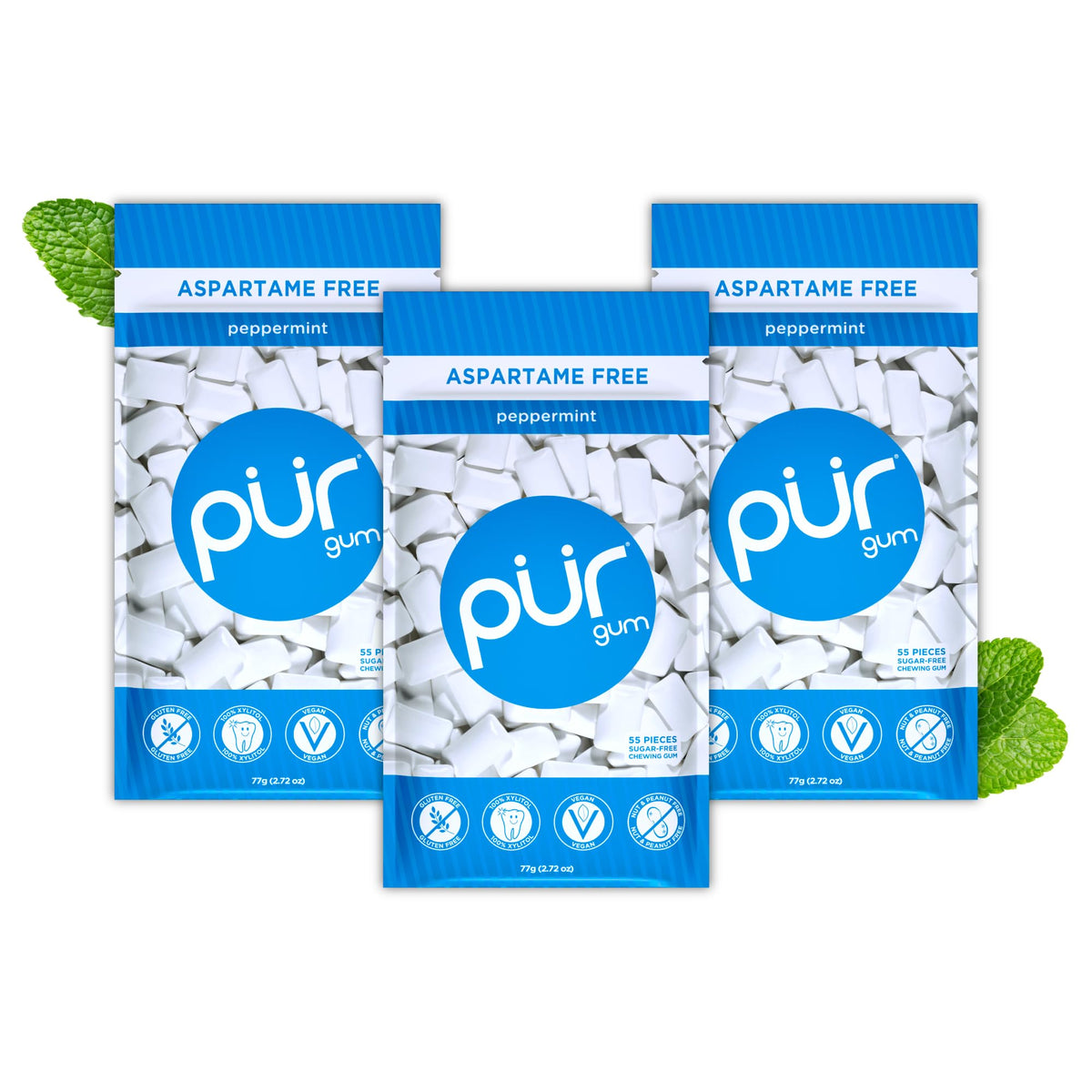 PUR Gum Peppermint in a resealable bag for on-the-go freshness.