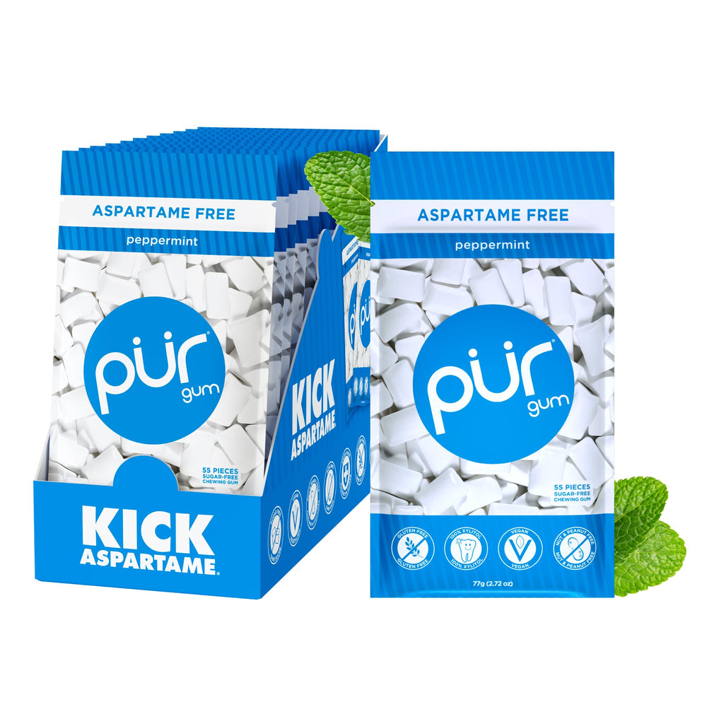 PUR Gum peppermint pack shot highlighting 55 pieces in a resealable bag for on-the-go freshness.