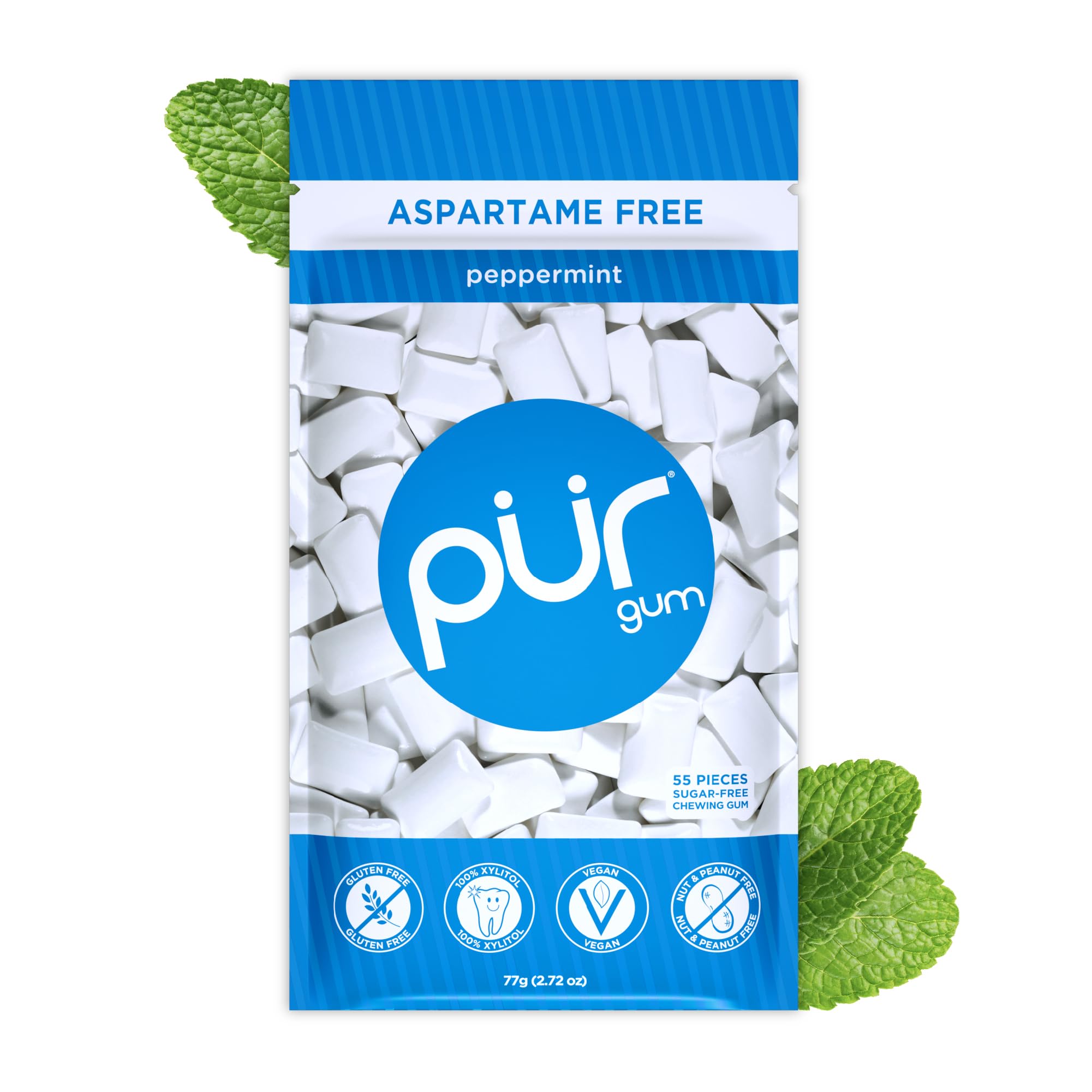 PUR Gum peppermint in a resealable bag for on-the-go freshness