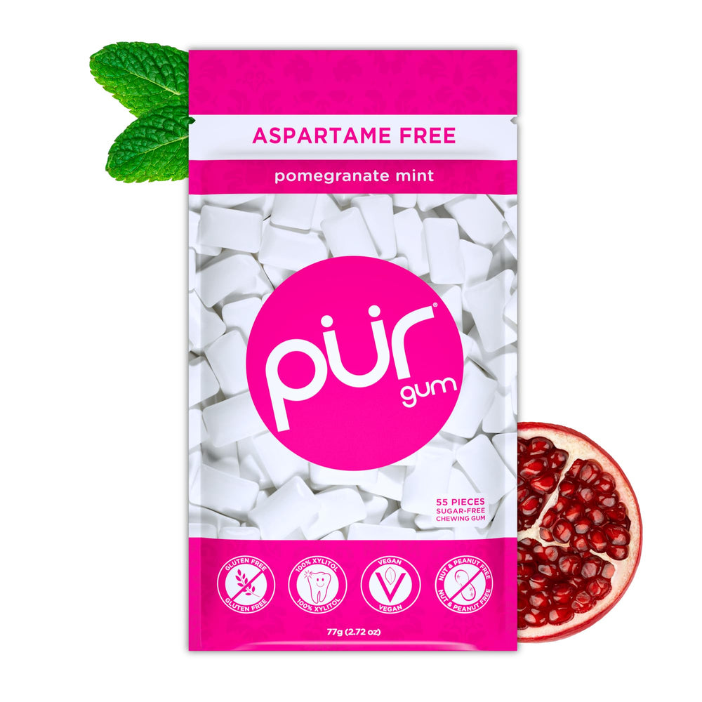 PUR Gum Pomegranate Mint pack closeup shows fresh flavor and portable packaging.