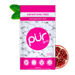 PUR Gum Pomegranate Mint pack closeup shows fresh flavor and portable packaging.