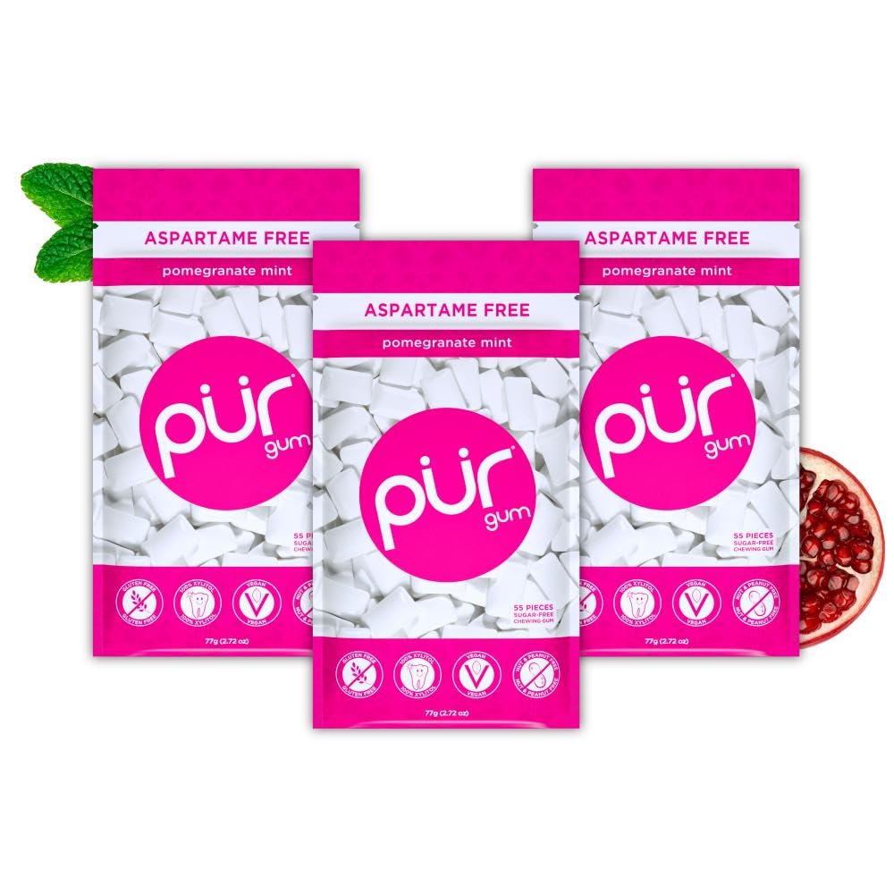 PUR Gum Pomegranate Mint pack shot showing resealable bag for on-the-go freshness.