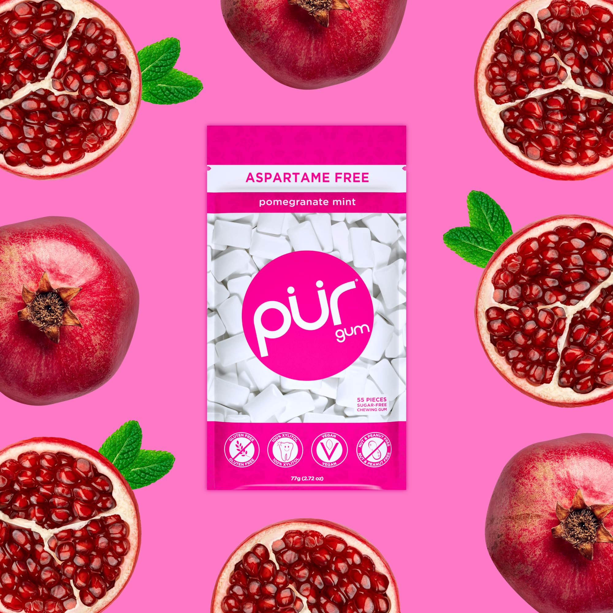 PUR Gum resealable bag shown for fresh, on the go chewing.