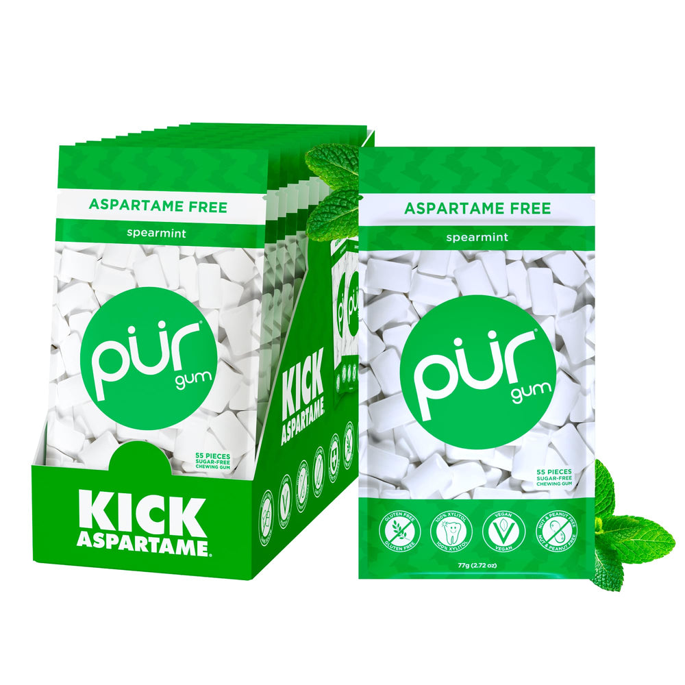 PUR Gum spearmint pieces in a resealable bag for fresh breath.