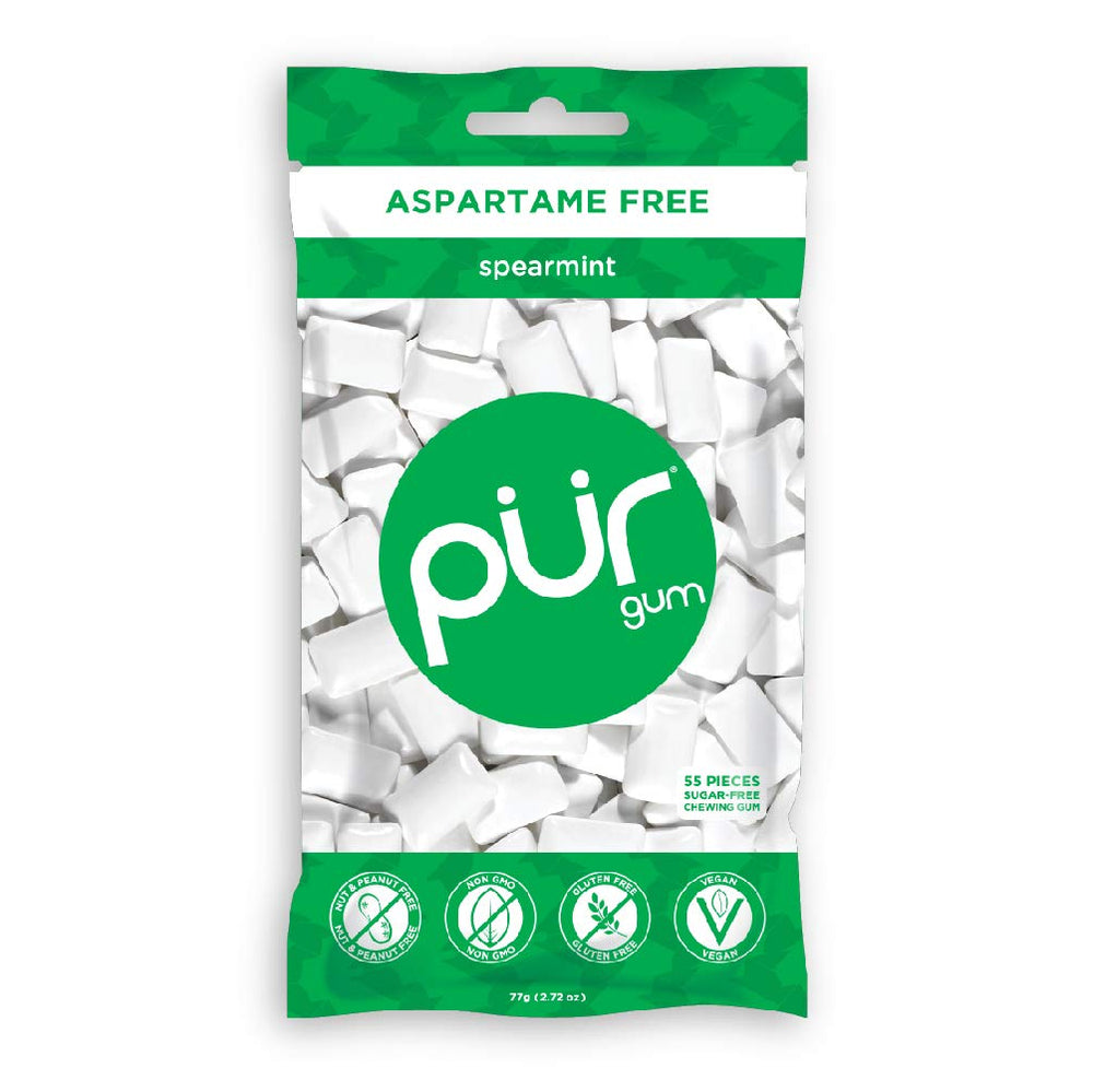 Close-up of PUR Gum Spearmint pieces showing texture and mint flavor