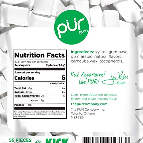 Pur Gum Spearmint ingredients label highlighting xylitol and natural flavors