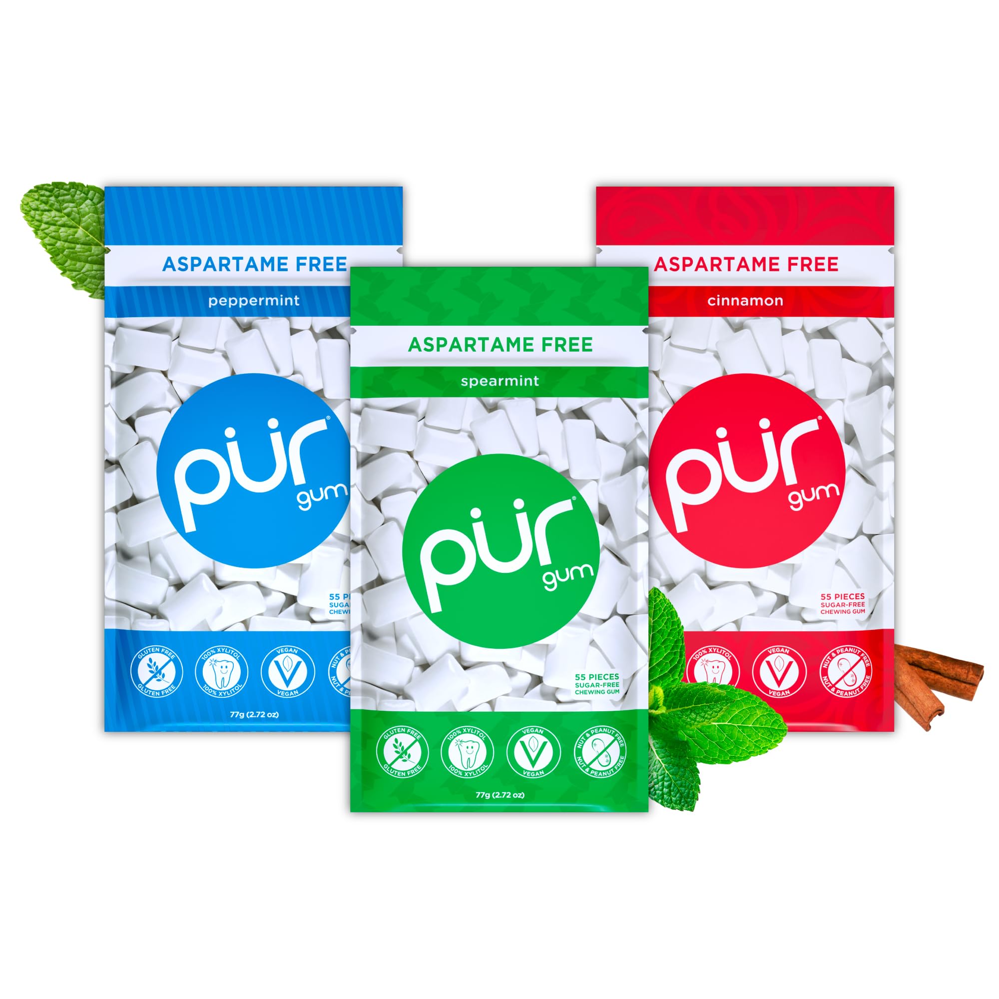 PUR Gum variety pack with 55 pieces in a resealable bag for on-the-go freshness.