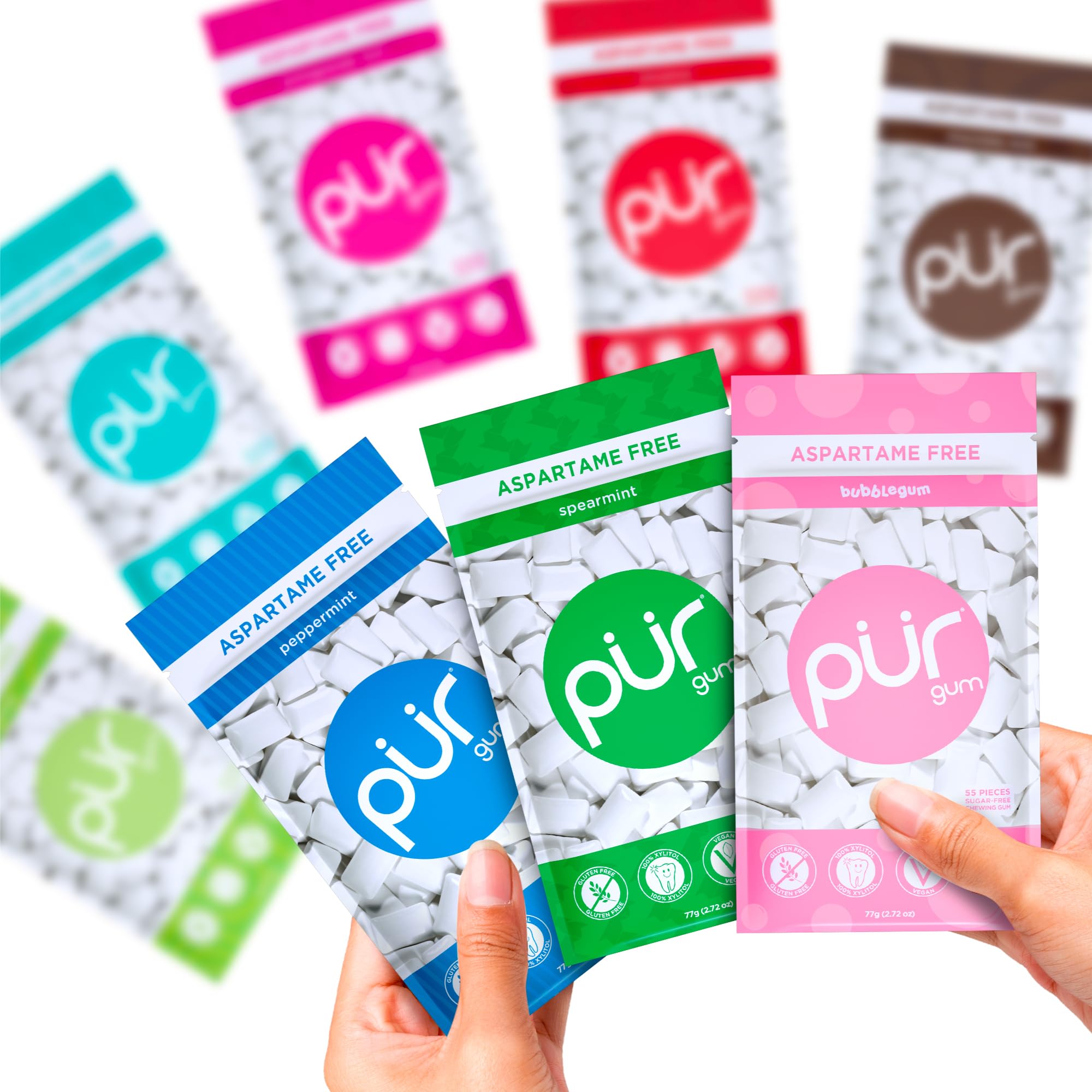 PUR Gum chocolate mint flavor chews blend mint and cocoa.