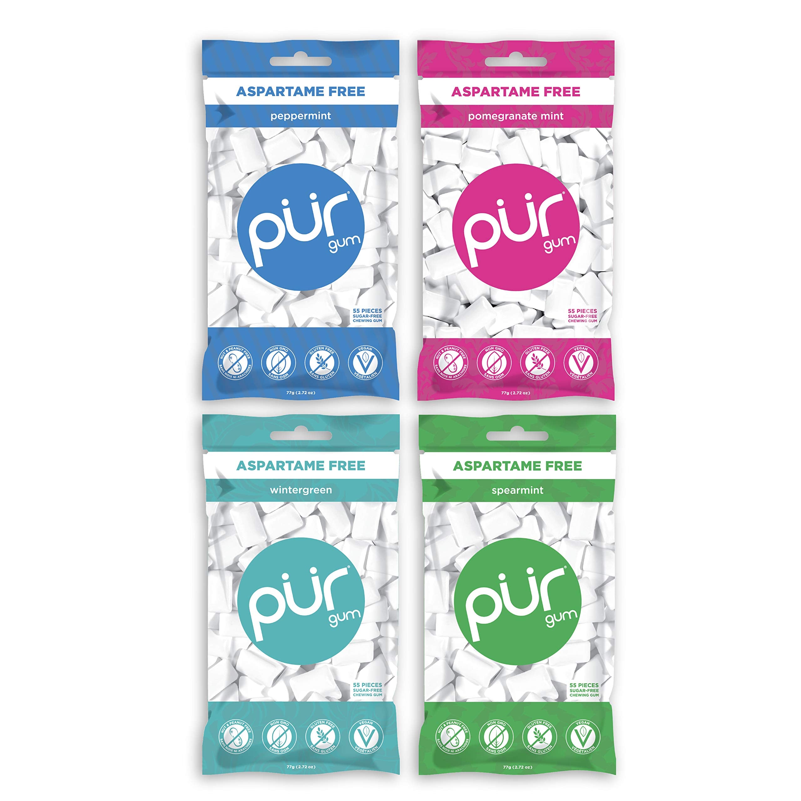 PUR Gum Variety Pack front shows four flavors Peppermint, Pomegranate Mint, Spearmint, Wintergreen