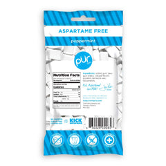 PUR Gum Peppermint bag close-up highlights a refreshing, sugar-free breath option