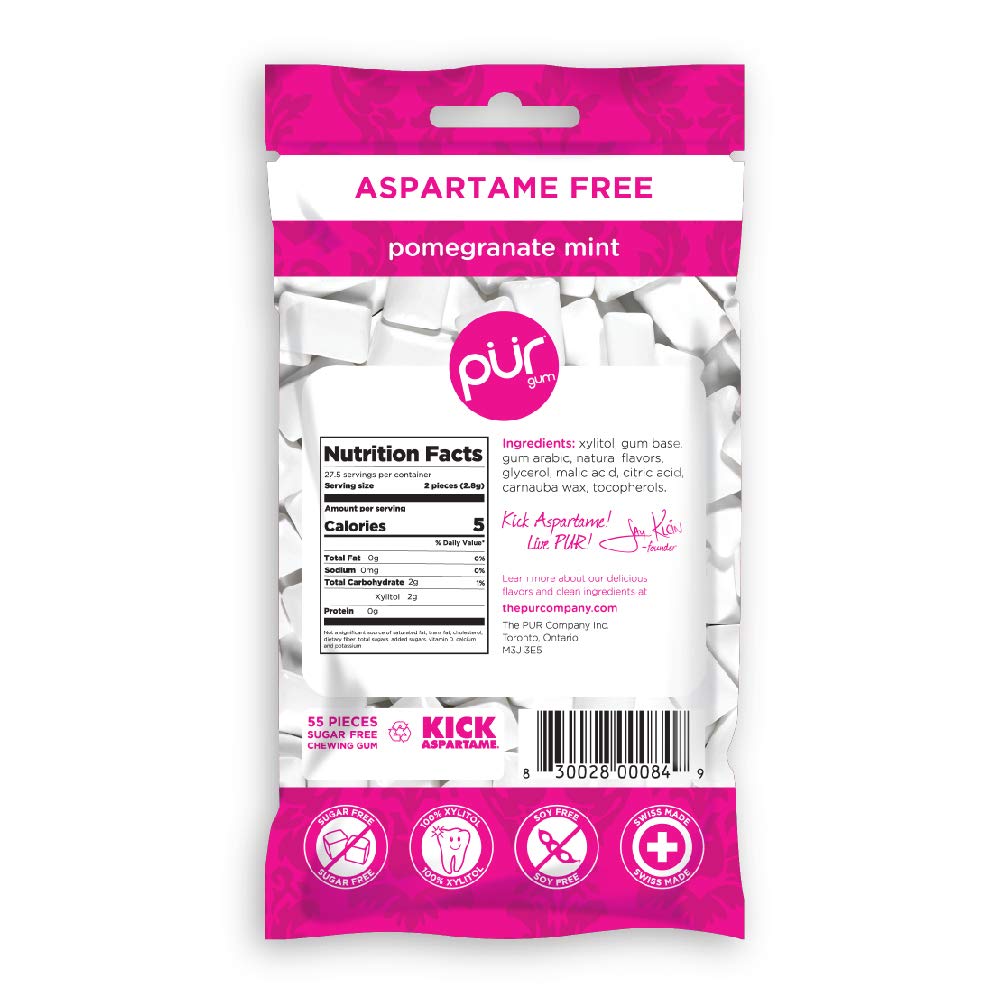 PUR Gum Pomegranate Mint bag close-up emphasizes fruity mint aroma