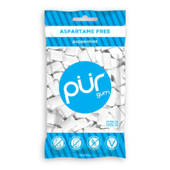 PUR Gum Spearmint bag close-up suggests a cool, crisp chew