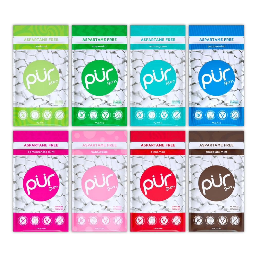 PUR Gum spearmint flavor chews for fresh breath on the go.