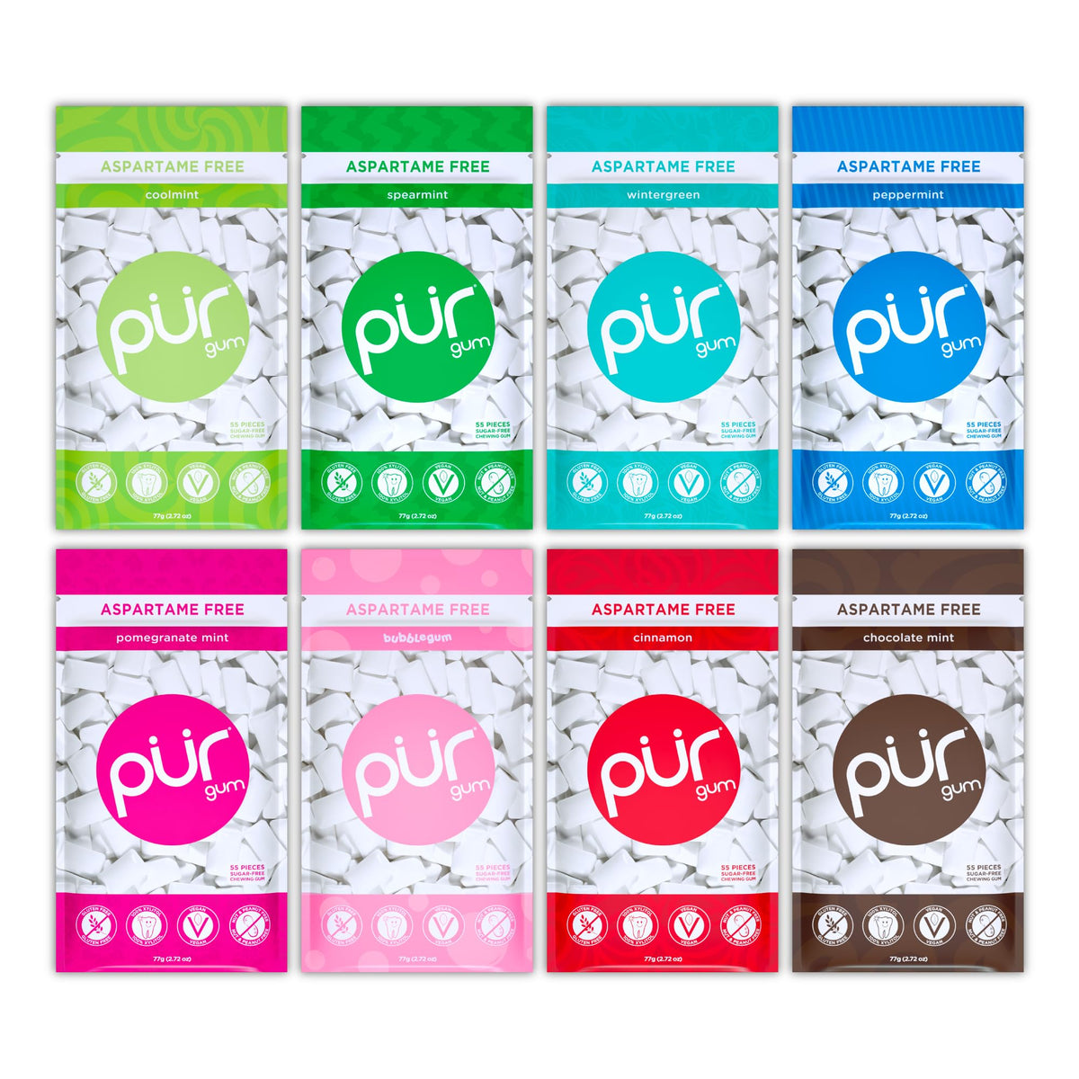 PUR Gum spearmint flavor chews for fresh breath on the go.
