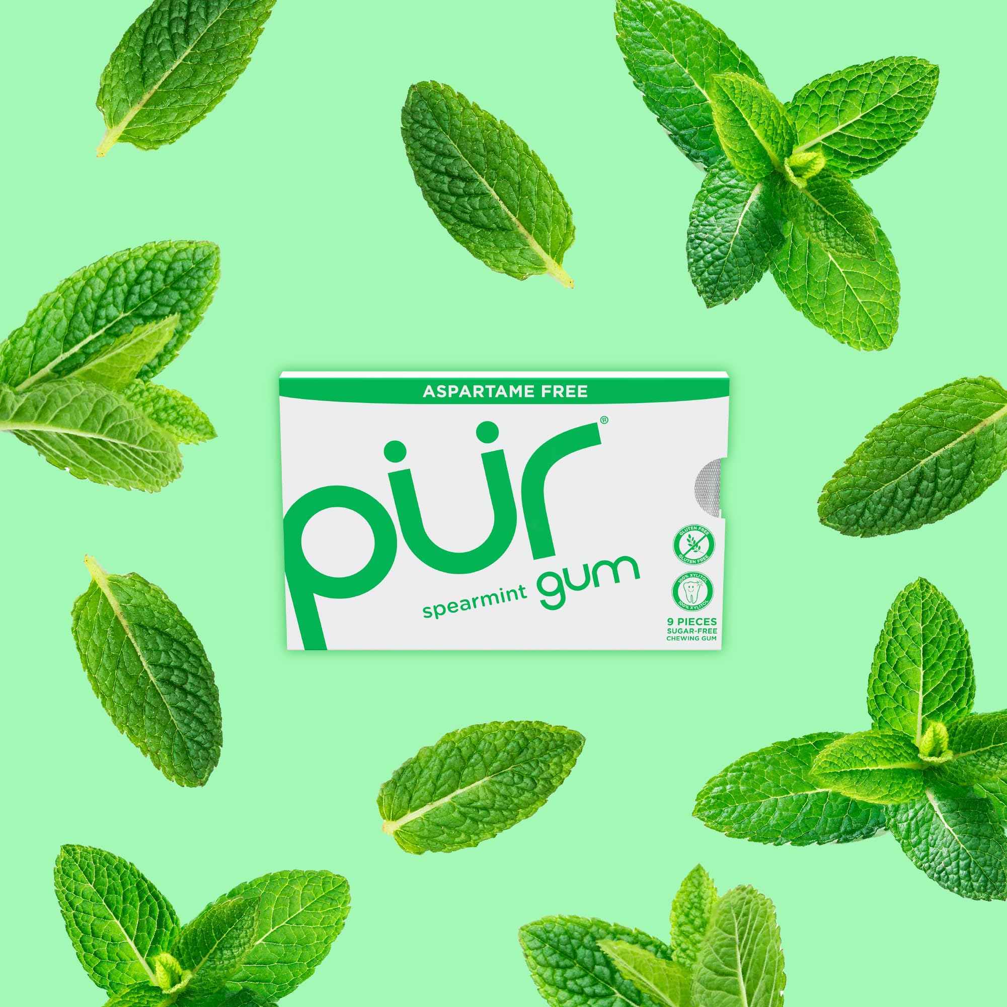 PUR Gum vegan non-GMO badge displays allergen-free chewing product