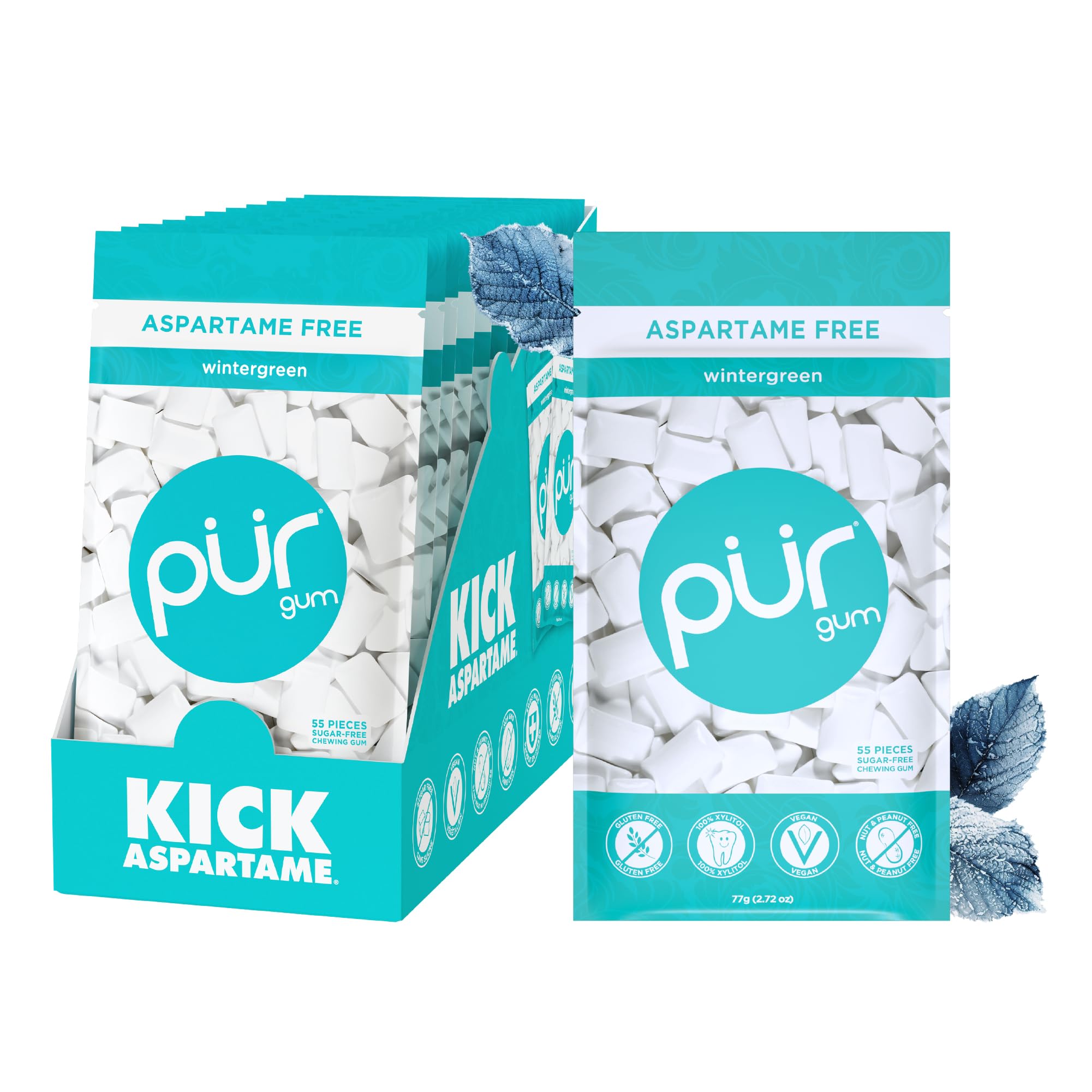 PUR Gum Wintergreen bag with resealable packaging for on-the-go freshness.