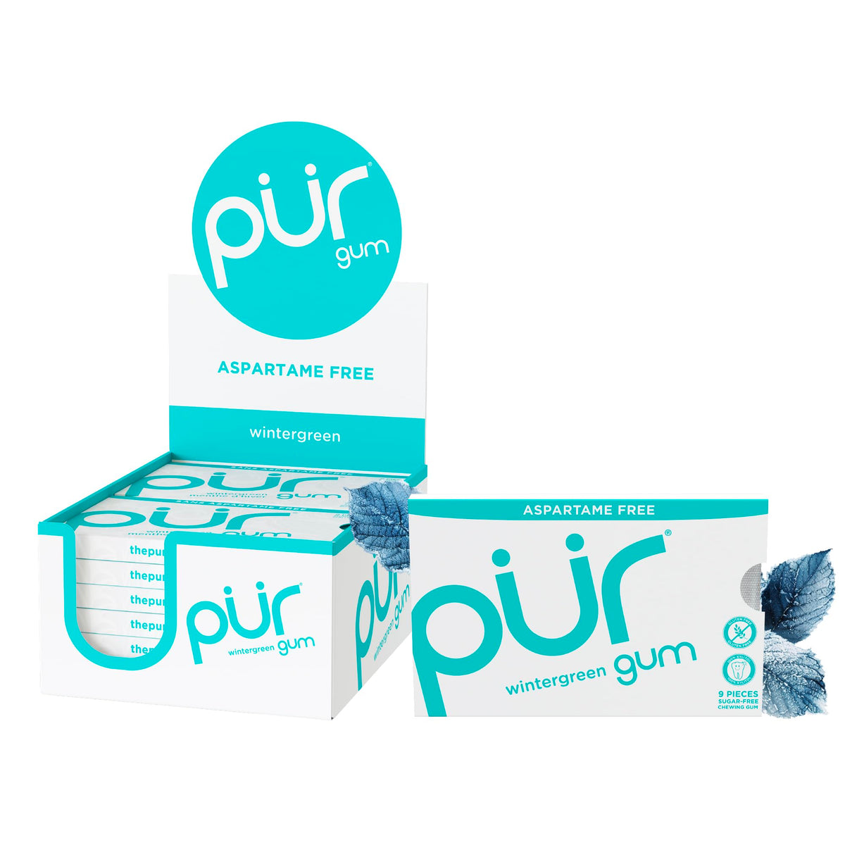 PUR Gum Wintergreen blister pack displaying refreshing flavor