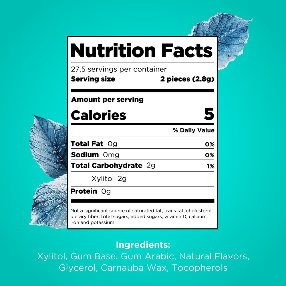 Close-up of PUR Gum Wintergreen pieces showing natural xylitol sweetness