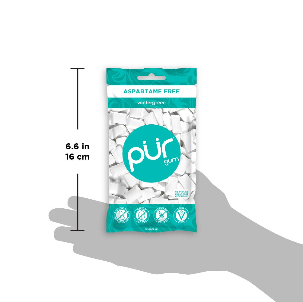 Pur Gum Wintergreen mint breath-boost, compact package fits bag.