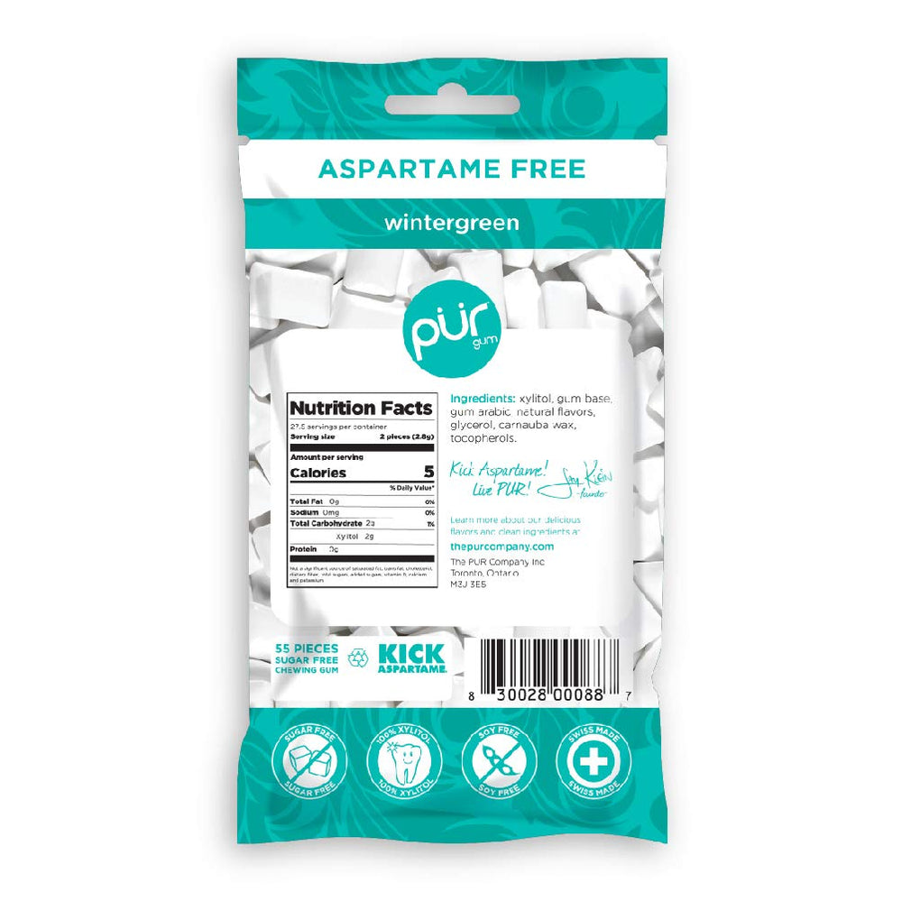 Open Pur Gum Wintergreen mint two-pack, ready for quick minty flavor after meals.