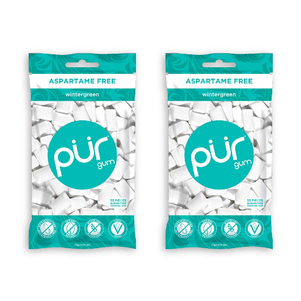 PUR Gum Wintergreen Mint pack on table, two-pack convenient for on-the-go breath refreshment.