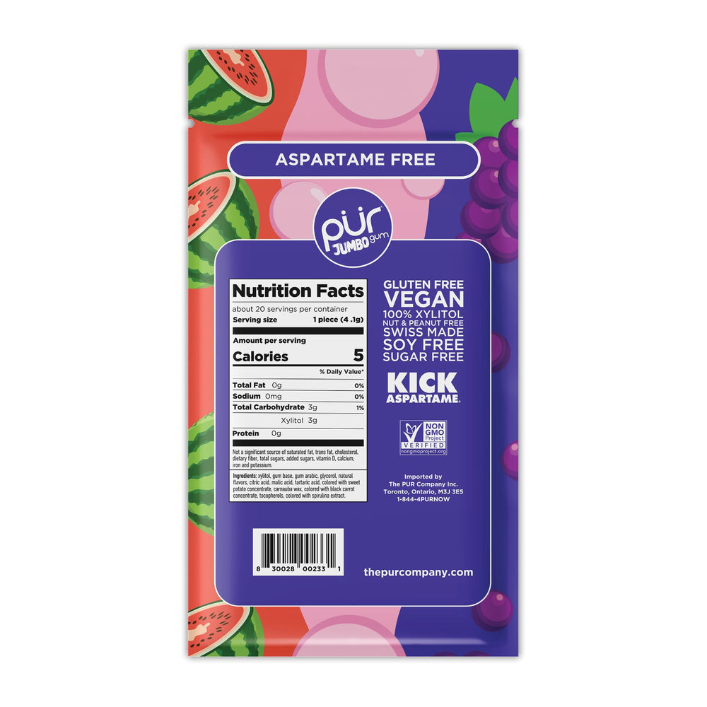 PUR Jumbo Gum resealable bag showing freshness and convenience.