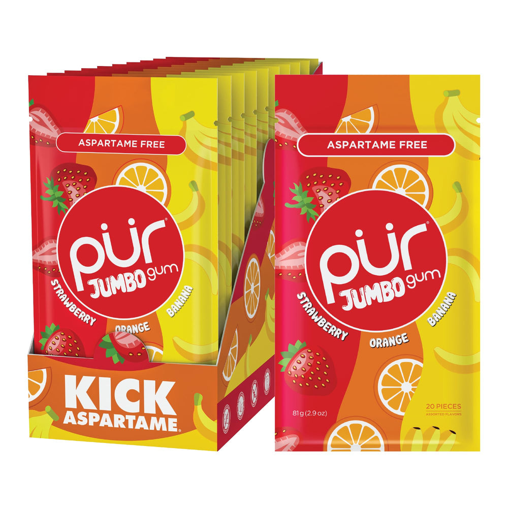PUR Jumbo Gum strawberry flavor piece, a fruity, sugar-free chew powered by xylitol.