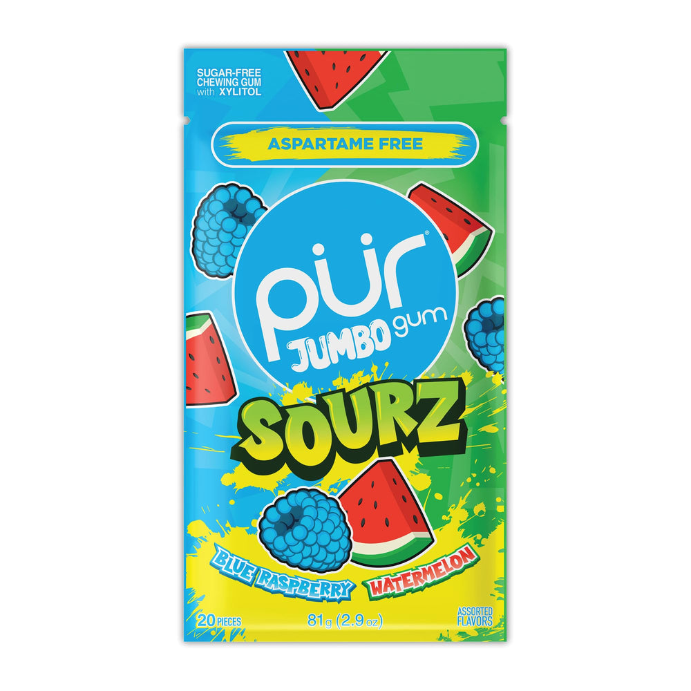 PUR Jumbo SOURZ blue raspberry piece with bold sour flavor for a quick refresh