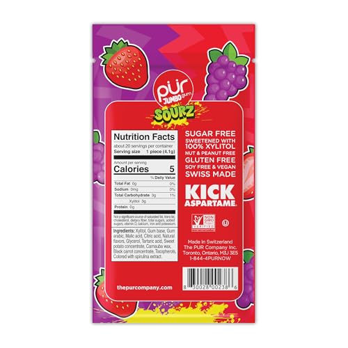PUR Jumbo SOURZ Gum grape piece delivers tangy fruit chew
