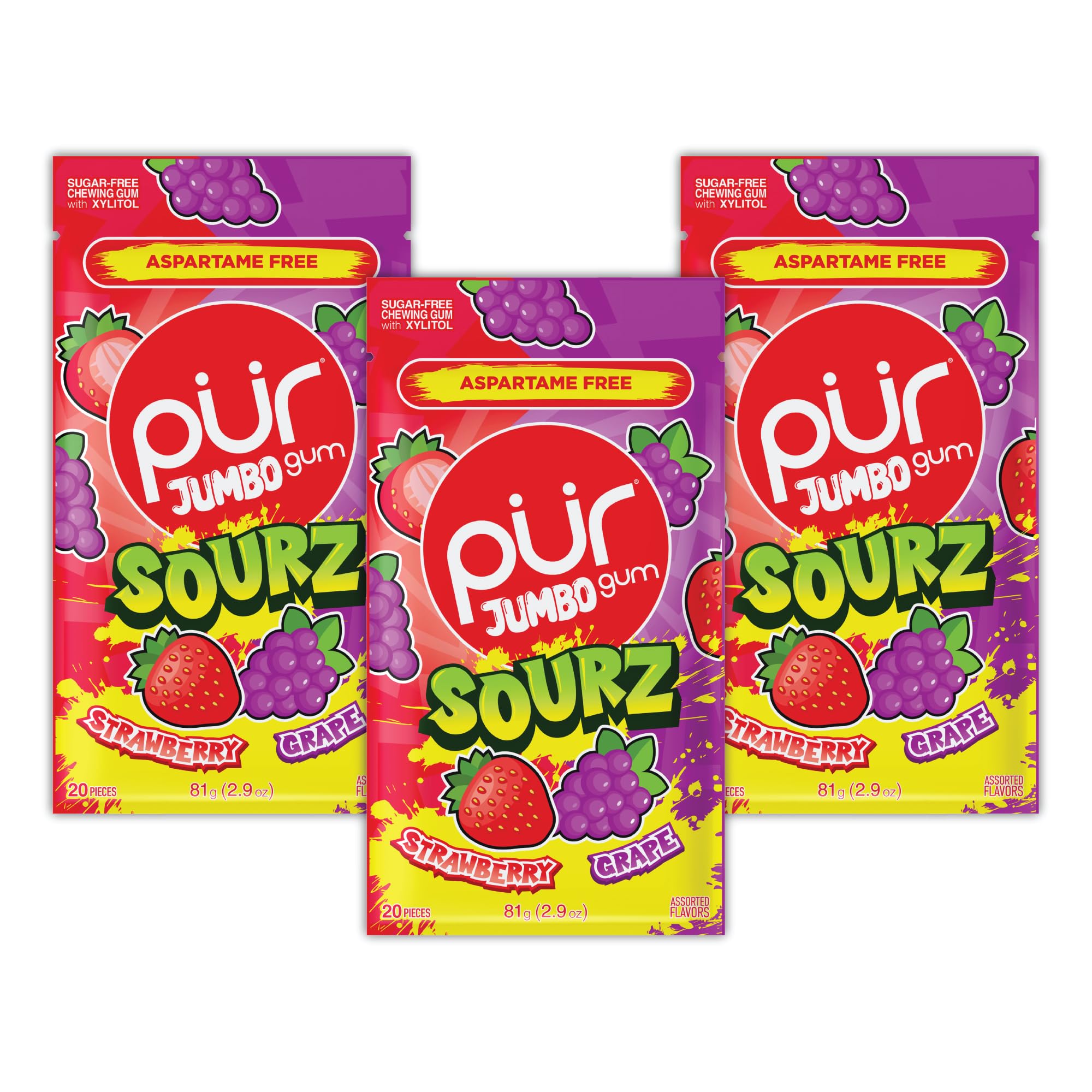 PUR Jumbo SOURZ Gum strawberry piece delivers bold sour flavor for on-the-go snacking
