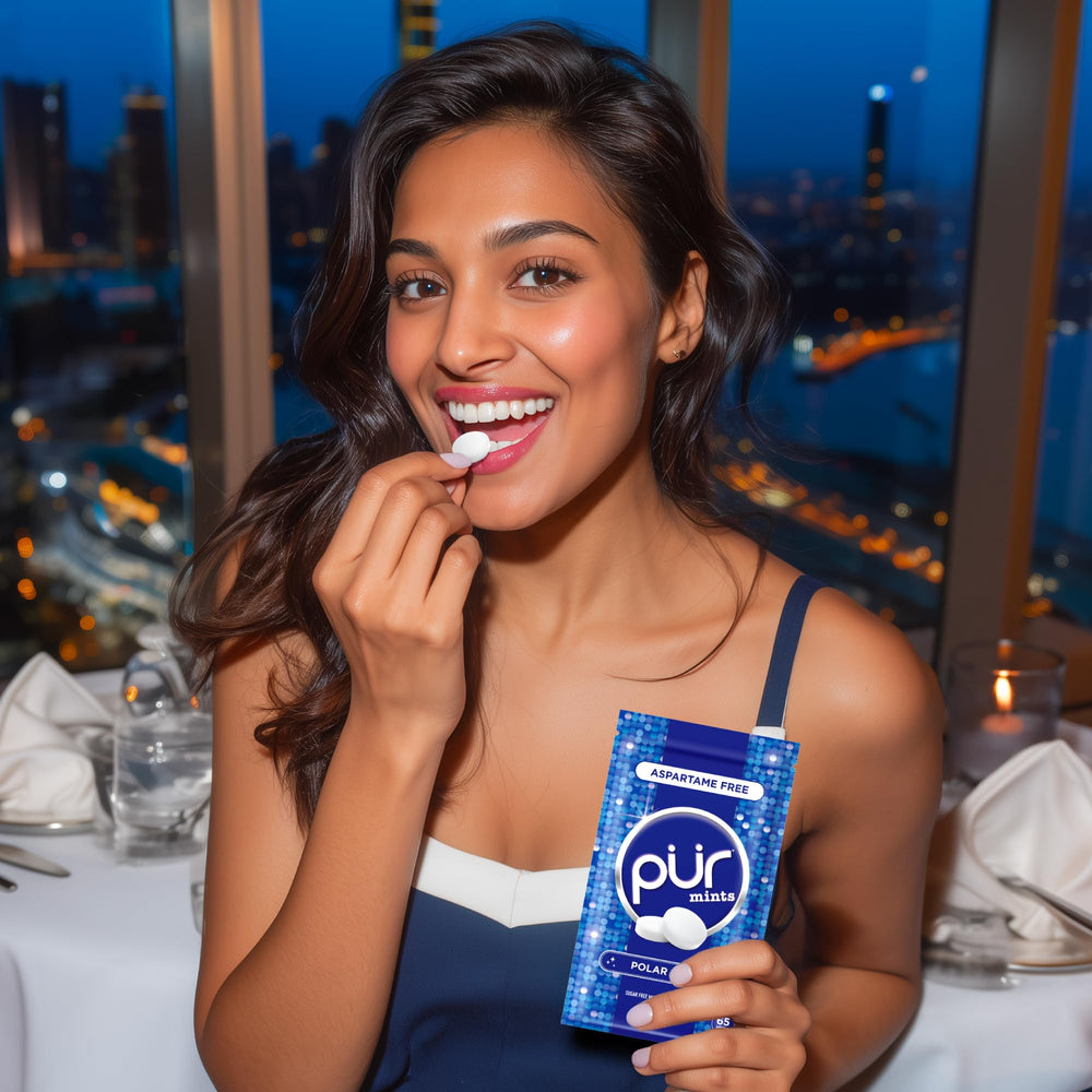 PUR Mints allergen-free vegan logo indicates plant-based option