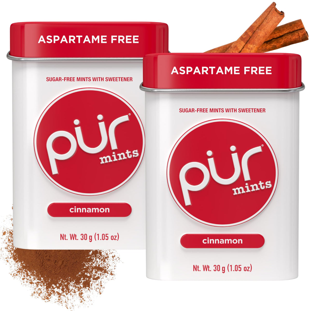 PUR Mints Cinnamon tin front with a two-tin pack for travel and on-the-go fresh breath.